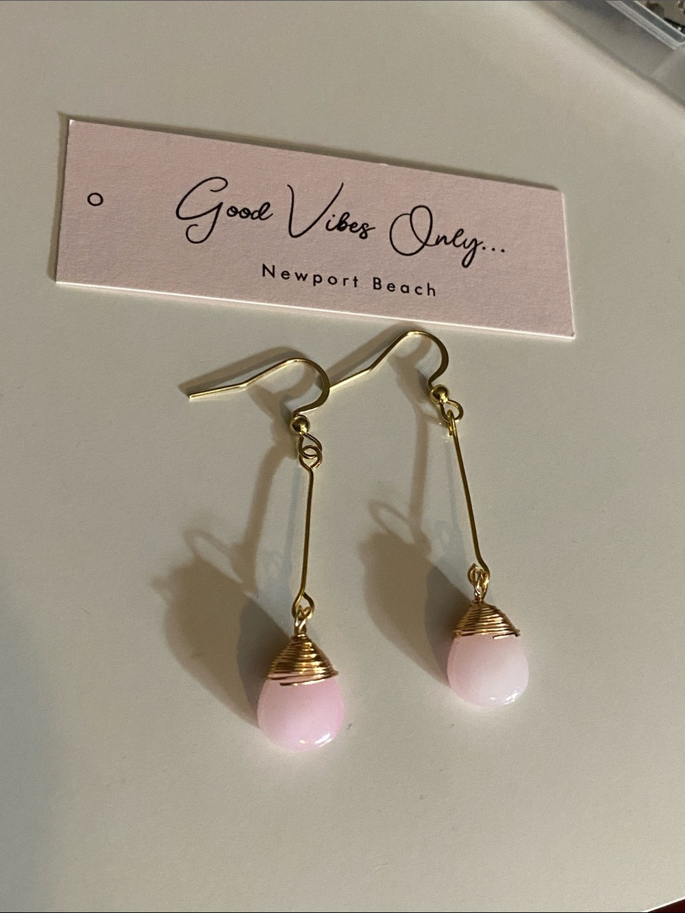 Good Vibes Only Pink Drop Earrings with Gold Hooks